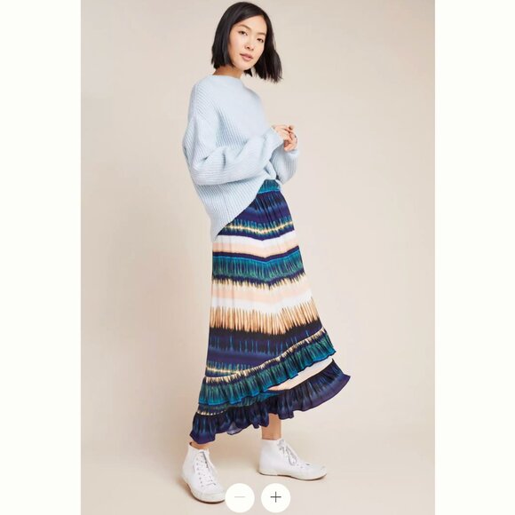 NWT Anthropologie Daniel Rainn Patrizia Ruffled Blue Green Maxi Skirt - Picture 1 of 10